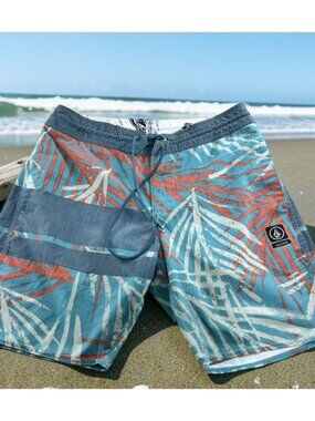 Volcom Slingers Boardshorts Mens Sz 31 Blue 8" Inseam Palms Beach Surf Shorts